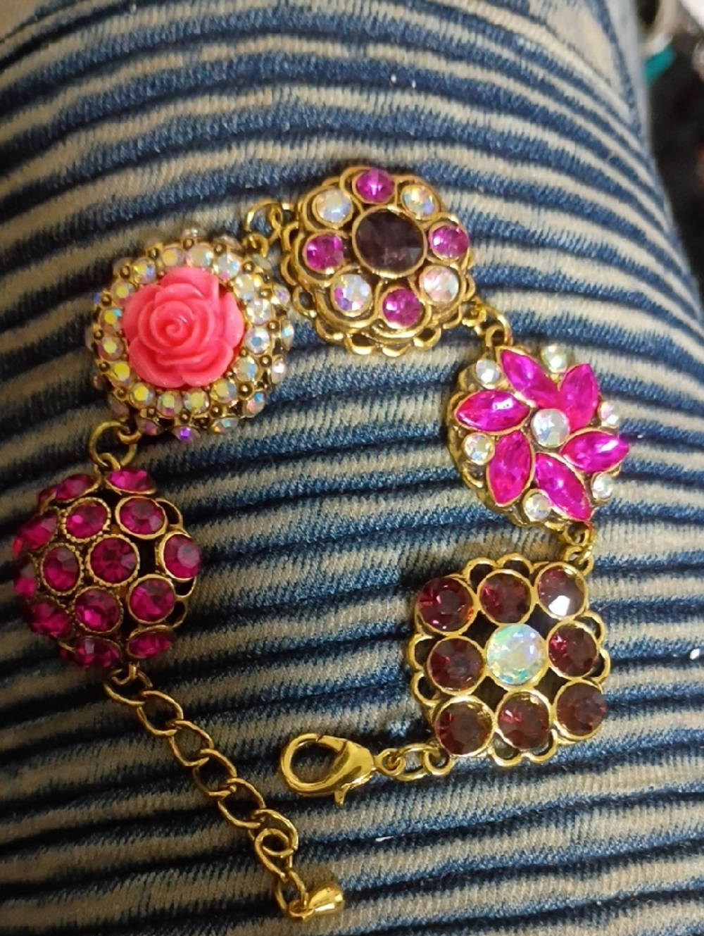 Gold-Tone Pink Floral & Crystal Bracelet